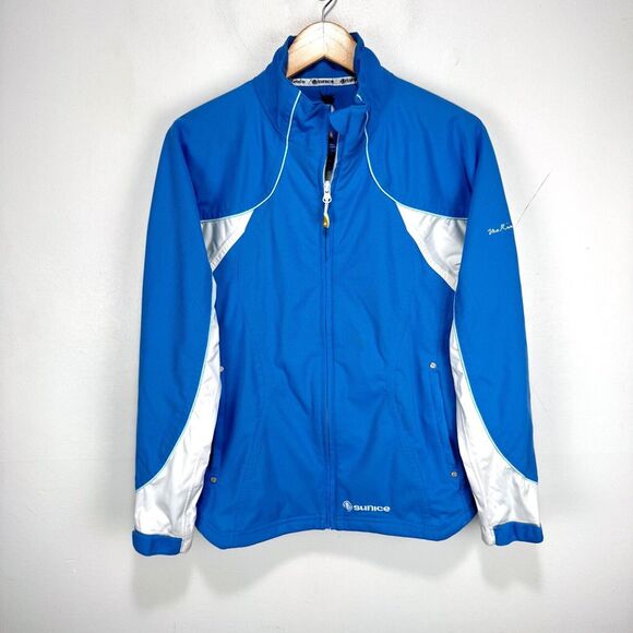 Sunice Typhoon Rain Jacket Women Medium Blue White Zip Weather River‎ Course - Picture 1 of 11